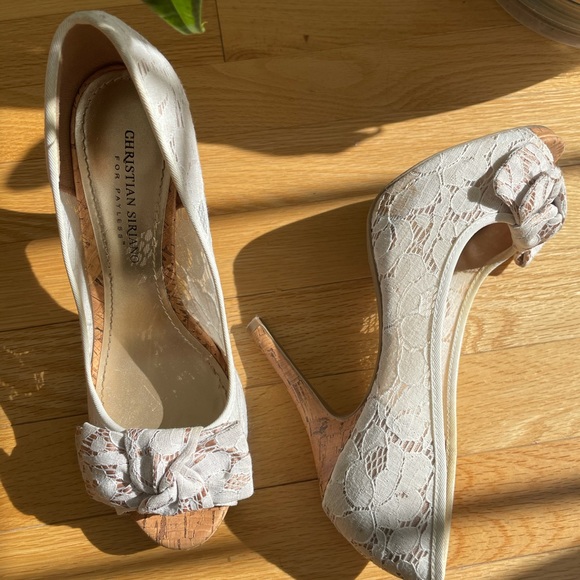 White lace open toe cork heels shoes 8.5 - Picture 4 of 13